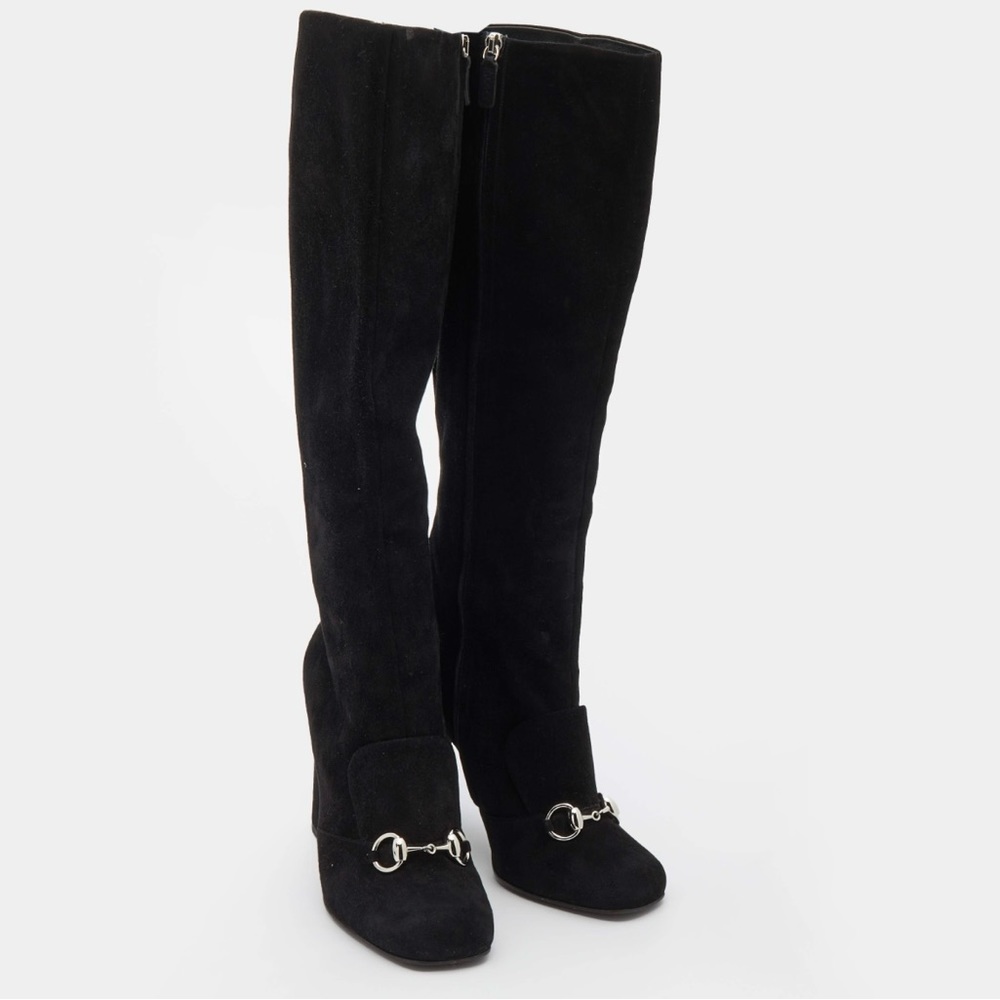 Gucci Black Suede Horsebit Knee Length Boots Size 39 brand new